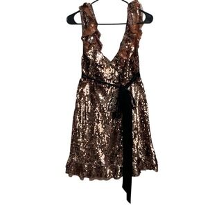 Free People Tribeca Siren Sequin Mini‎ Dress Copper Gold Ruffle Velvet Tie Sz 4